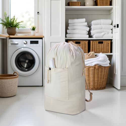 Laundry Bag Backpack, Canvas Laundry Bag with Straps & Drawstring, 2 pack - color: Beige x2, size: X-Large