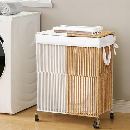 WOWLIVE Rolling Laundry Basket Wheels, Handwoven Laundry Hamper with Lid - color: White and Natural, size: 115L(22 x 13 x 26.4 Inches)