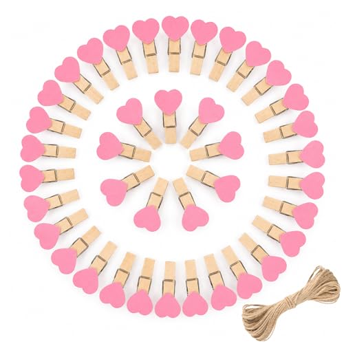 jijAcraft Clothespins with String - 50Pcs Mini Wood Clothes Pins with Heart - color: Pink