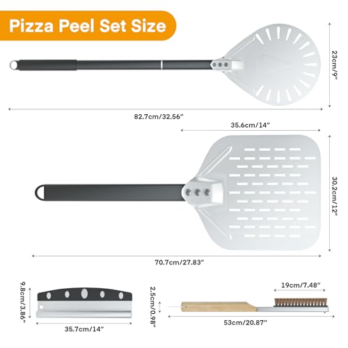 4PCS Pizza Oven Accessories, Yofuly 12 Inch Perforated Pizza Peel, 9 Inch Round Turning Peel, Pizza Stone Cleaning Brush with Scraper, Rocker Cutter, Homemade Pizza Supplies Tools Kit