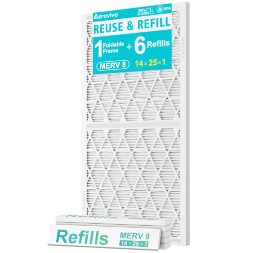 Refillable 14x25x1 Air Filter MERV 8, Reusable Frame & 6 Refills - size: 14" x 25" x 1"