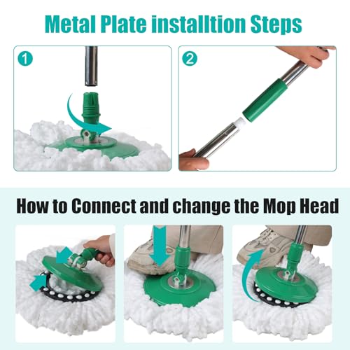 Spin Mop and Bucket with Wringer Set, 3 Microfiber Mop Heads, 61" Handle - color: Green