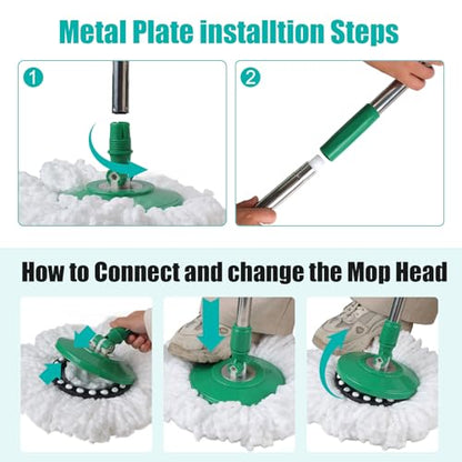 Spin Mop and Bucket with Wringer Set, 3 Microfiber Mop Heads, 61" Handle - color: Green