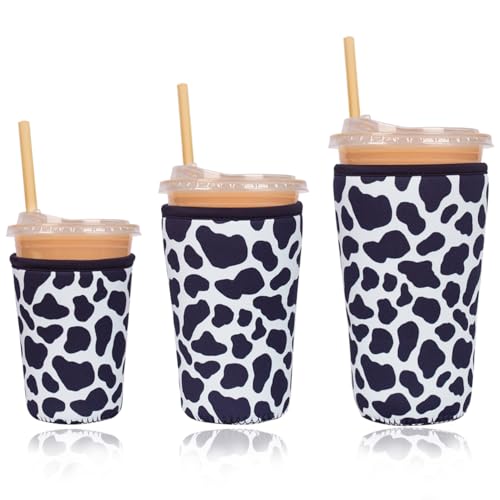 Reusable Insulated Neoprene Iced Coffee Cup Sleeve, Durable Drink Sleeve for Cold Beverages, Beverage Holder for Iced Coffee (Cowprint Chic) - color: Cowprint Chic