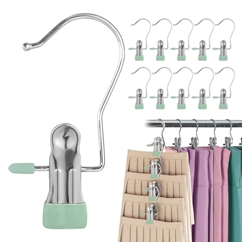 10-Pack Anti-Slip Hook Clips for Skirts Shorts Towels Boots Bulk Clips for Wardrobe Travel Pants Socks Handbag Clothes Hanger Clips for Closet Organizer Socks Towels Clips Heavy Duty Clothes Pins - color: Light Green