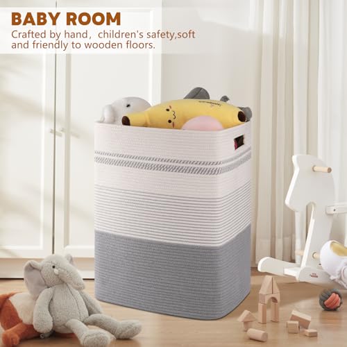 80L Large Cotton Rope Laundry Basket for Bedroom & Laundry Room, Tall Clothes Hamper with Sturdy Handles, Neutral Storage Bin Capable of Holding Blankets and Toys (Pack of 3) - color: Grey & White, size: 80L (Pack of 3)