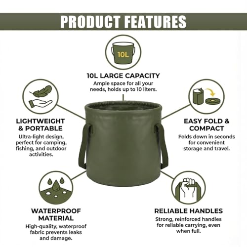 10L 2.5 Gallon Car Collapsible Bucket with Handle, Folding Leakproof Water Storage Basin, Portable Foldable Water Container for Fishing, Camping, Car Cleaning, Beach, Garden (10L-Green) - size: 10L-GREEN