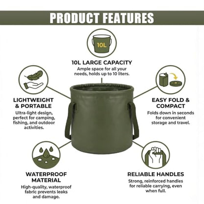 10L 2.5 Gallon Car Collapsible Bucket with Handle, Folding Leakproof Water Storage Basin, Portable Foldable Water Container for Fishing, Camping, Car Cleaning, Beach, Garden (10L-Green) - size: 10L-GREEN