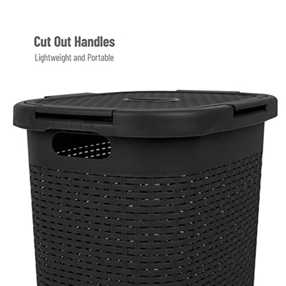 Mind Reader 60L Slim Laundry Hamper, Clothes Basket, Lid, Wicker Design, Plastic, 17.65"L x 13.75"W x 24.15"H, Black - color: Black, size: 1 Piece