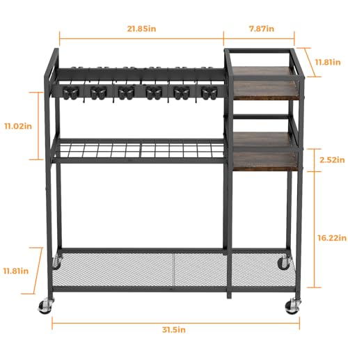 Broom Holder Cleaning Cart with Cleaning Supplies Organizer – 12 Grippers, 8 Hooks, 2 Mesh & 2 Board Racks, Large Grid Base, 4 Wheels – Rolling Storage for Home Laundry Room Organization