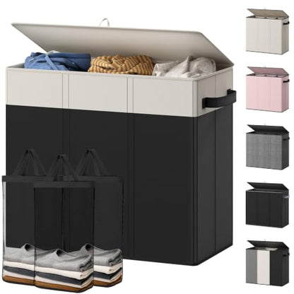 Optish 180L Laundry Hamper 3 Section, Large Hamper with Mesh Bags & Lid - color: White & Black
