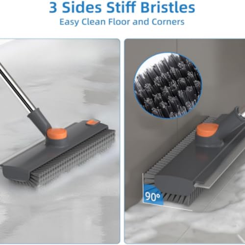 Floor Scrub V Brush with Long Handle, 4 in 1 Multi-Angle Swivel Right Angled Bristle Floor Scrubber Brush with Squeegee and Tweezer for Cleaning Tile Wall Deck Bathroom Patio Garage Kitchen