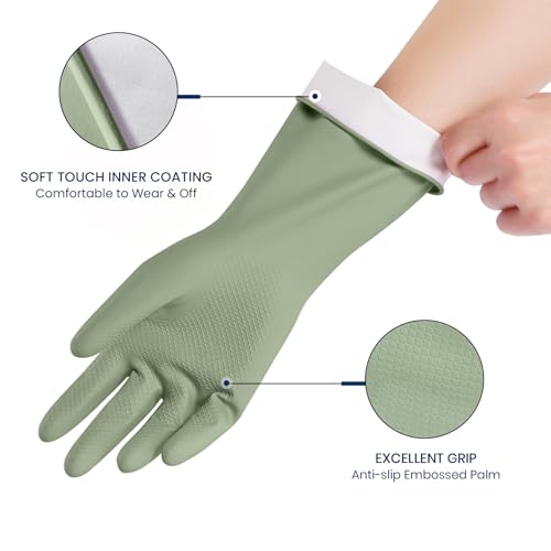 Rubber Cleaning Gloves for Dishwashing, 4 Pairs Reusable Kitchen Gloves for Washing Dishes and Household Cleaning, Green Dish Gloves with Flocked Lining and Non-Slip Grip, Pefect for Woman Men - L - color: Green, size: Large
