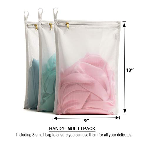 TENRAI Delicates Laundry Bags, Bra Fine Mesh Wash Bag for Underwear, Lingerie, Bra, Pantyhose, Socks, Use YKK Zipper, Have Hanger Loops, Small Openings (White, 3 Small, CQS)