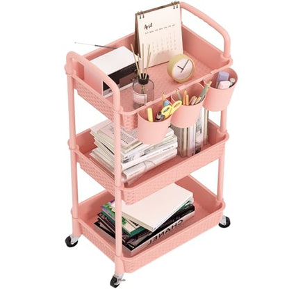 MOYIPIN 3-Tier Plastic Rolling Utility Cart with Handle,Pink - color: Pink, size: 3-Tiers with cups