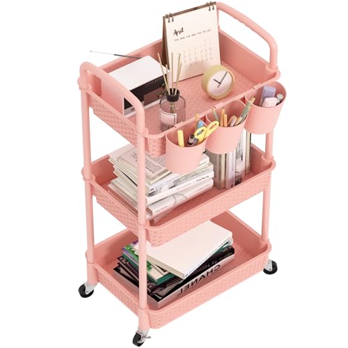 MOYIPIN 3-Tier Plastic Rolling Utility Cart with Handle,Pink - color: Pink, size: 3-Tiers with cups