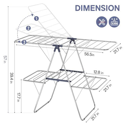 APEXCHASER Large Stainless Steel Clothes Drying Rack with 4 Wings - color: Regular Blue, size: 4 Wings