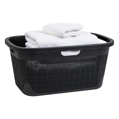 Mind Reader 40L Laundry Basket, Linen Design Clothes Hamper, Plastic Storage Bin with Handles, Black - color: Black