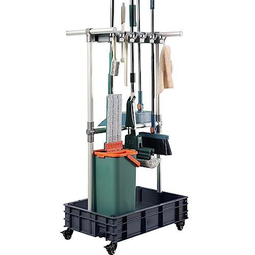 Broom mop Holder Cleaning Supplies Organizer Janitor carts on Wheels Housekeeping Station Storage Tools for Garage, Garden, Closet, Cabinet