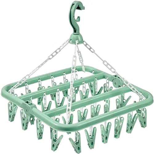Clothes Drying Hanger with 32 Clips and Drip Foldable Hanging Rack (Light Green) - color: Light Green