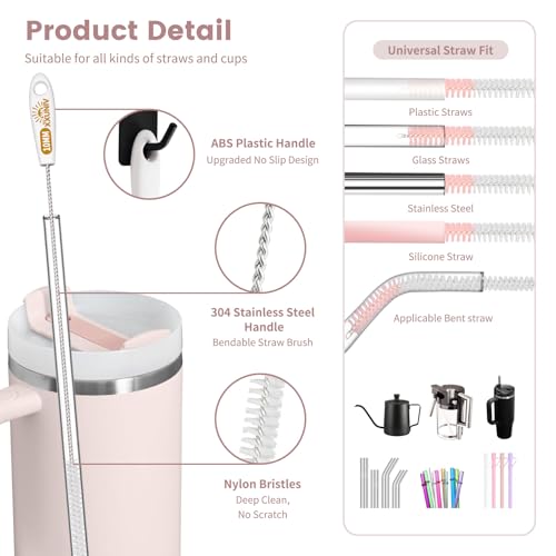 15 Inch Extra Long Straw Cleaner Brush Set, 5PCS for Stanley 40 oz Tumblers - color: Pink