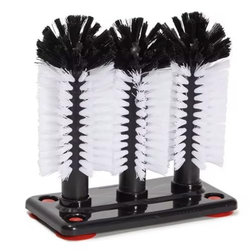 Nu-Foam Triple Glass Washing Brush, Bar Glassware Cleaner with Base, 3 Brushes, Black and White