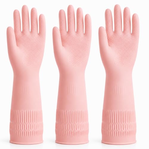 Rubber Dishwashing Gloves, Reusable Cleaning Gloves with Long Cuffs - color: Pink (3 Pairs), size: Medium