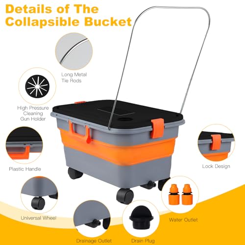 Collapsible Bucket with Wheels and Handle 5.8 Gallon, Drain Plug and Water Outlet, Portable Water Storage Foldable Carts for Mop Cleaning, Camping, RV, Pet Bathing, Fishing, Car Washing