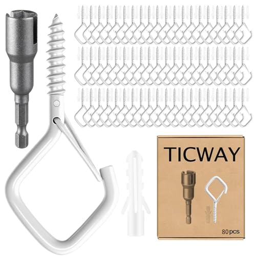 80 Pcs Outdoor Hooks for String Lights,Screw Hooks for Hanging Plants,Ceiling Hooks with Safety Buckle,Square Hanger for Wind Chimes,Bird Feeder,Lanterns,Christmas Decorations White - color: White, size: 80