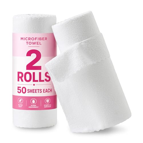 Jessy Home 2 Roll Reusable Paper Towels,100 Sheets Tear Away Microfiber Cleaning Cloth, Lint Free Cleaning Rags for Kitchen, Dishcloth,Household Cleaning Supplies - color: White