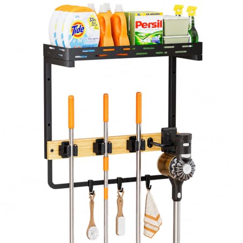 Small Broom Holder Wall Mount with Shelf, 3 Grippers and 3 Hooks - size: Small
