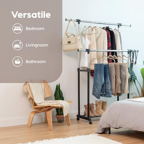 IRIS USA Portable Double-Rod Height Adjustable Clothes Rack with Extendable Bar and Lockable Wheels, Rolling Garment, Double Rod Wardrobe Rack, Easy Assemble, for Clothes, Belts, Shoes, and Bags - style: Double Extendable-Width Rods