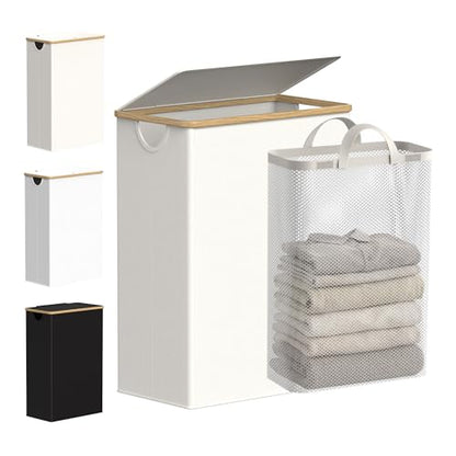 efluky Slim Laundry Basket with Lid, Narrow Laundry Hamper with Removable Bag, Skinny Dirty Clothes Basket with Bamboo Handles for Bathroom, Bedroom & Laundry Room, 65L Beige - color: Beige, size: 65L