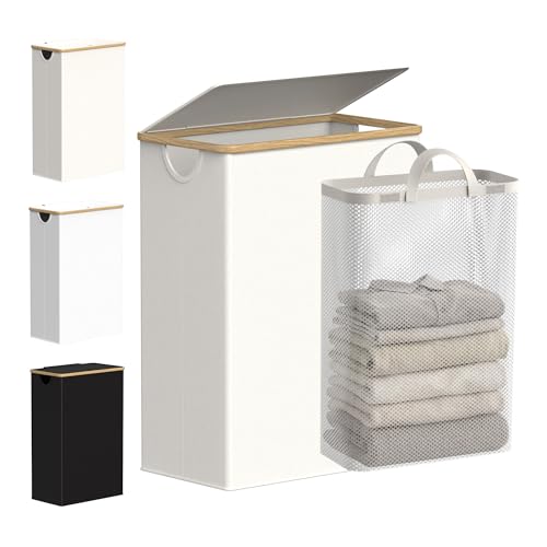 efluky Slim Laundry Basket with Lid, Narrow Laundry Hamper with Removable Bag, Skinny Dirty Clothes Basket with Bamboo Handles for Bathroom, Bedroom & Laundry Room, 65L Beige - color: Beige, size: 65L