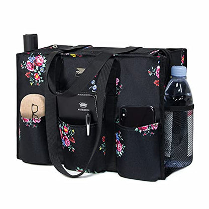 TOPDesign Utility Water Resistant Tote Bag with 13 Pockets, Zipper Closure - color: Blooming Flower, size: Large