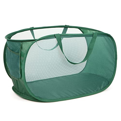 Sturdy Mesh Pop Up Laundry Hamper, Collapsible Laundry Baskets with Side Pocket, Foldable Clothes Hamper with Reinforced Carry Handles for Laundry, Bathroom, Kids Room, Dorm or Travel Emerald - color: 1 x Emerald
