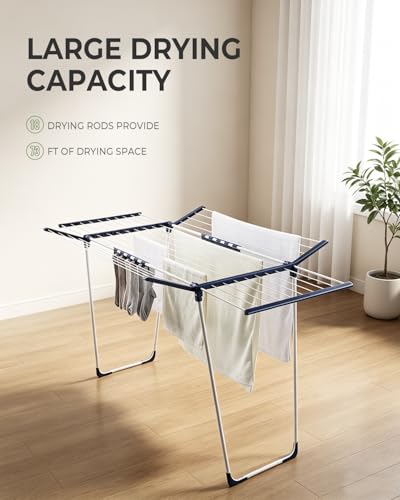 JS HANGER Extendable Clothes Drying Rack with Fold-Out Wings & Sock Clips, Expands from 41" to 67", Extra Wide Laundry Drying Rack Indoor Outdoor, Folding Rack for Clothes, Towels & Delicates - color: White-extendable & Fold Out Wings