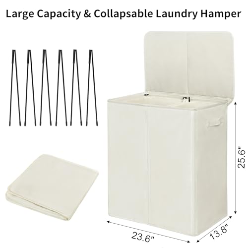 WOWLIVE 140L Double Laundry Hamper 2 Section with Lid and Removable Bags - color: Beige, size: 140l (23.6x 13.8x 25.6 Inches)