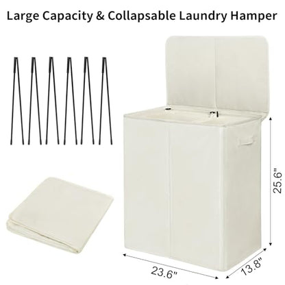 WOWLIVE 140L Double Laundry Hamper 2 Section with Lid and Removable Bags - color: Beige, size: 140l (23.6x 13.8x 25.6 Inches)
