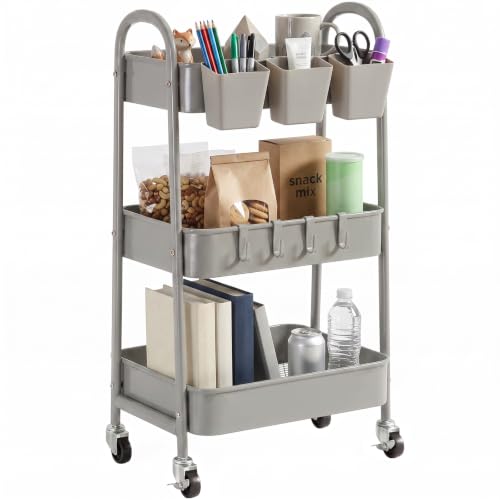 danpinera 3-Tier Rolling Cart, Metal Rolling Storage Cart with Lockable Wheels & Hanging Cups & Hooks, Mobile Trolley Cart for Kitchen, Bathroom, Office, Workshop, Gray - color: Grey, size: 3 tier