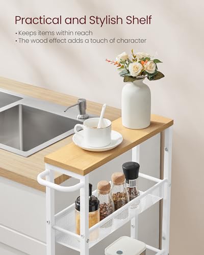 VASAGLE 5-Tier Slim Rolling Storage cart with Wheels, 5.1 Inches, Metal - color: Oak Beige + Classic White, size: 5 Tiers (5.1"D x 39.2"H)