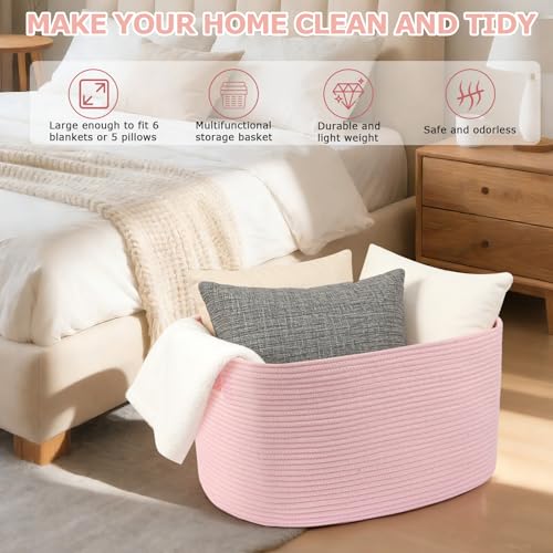 25"x16"x16" Rectangle Pink Woven Blanket Basket,Large Basket - color: Pink, size: 108L