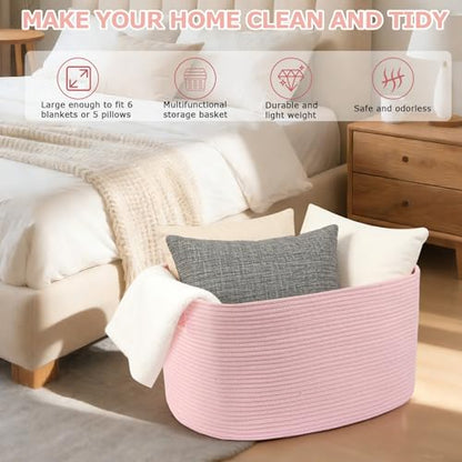 25"x16"x16" Rectangle Pink Woven Blanket Basket,Large Basket - color: Pink, size: 108L