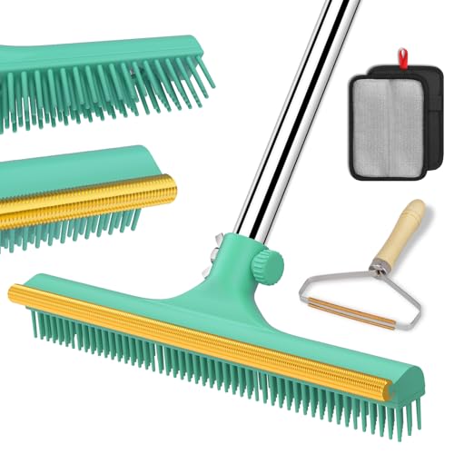 Carpet Rake for Pet Hair Removal, Reusable Pet Hair Remover Broom, 60'' Adjustable Long Handle Dog and Cat Hair Remover Tool Set of 3, Lint Remover Scraper for Carpets, Rugs, Mats, Couch, Car