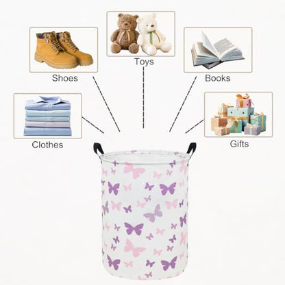 Round Fabric Collapsible Storage Basket with Handles, Purple Butterfly - color: Round-Purple Butterfly