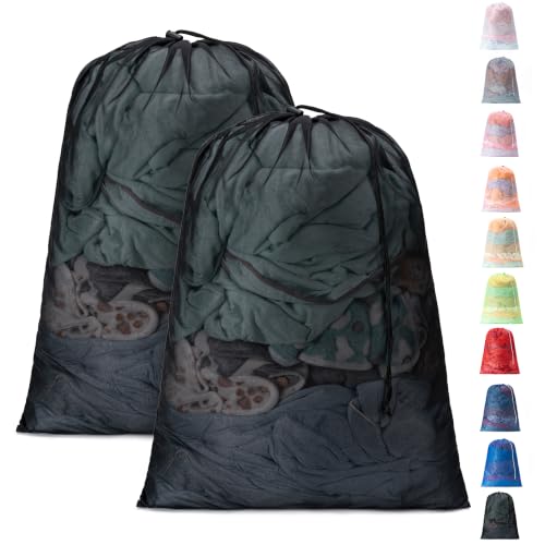 2 Pack Mesh Travel Laundry Bag 28" x 40"Extra Large Dirty Clothes Organizer - color: Black+Black, size: 28"x40"