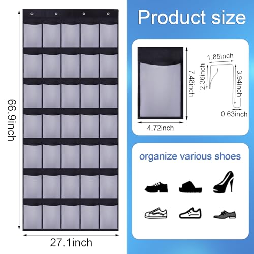 35 Pocket Over Door Shoe Organizer with 4 Metal Hooks（Black-White） - color: Black-white, size: 66.9" x 27"