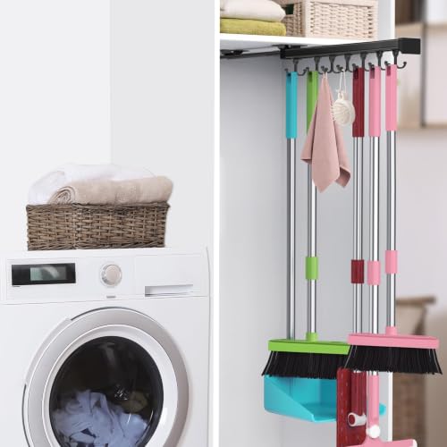 Pull Out Broom Holder With Adjustable Double Row Sliding Hook-Black 16.14IN - color: Black, size: 41cm/16.14inch