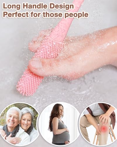 4 Pack Toe Cleaning Brush Set,Long Handle Bath Toe Brush Scrubber Bathroom for Seniors Elderly Men and Women (Pink) - color: Pink