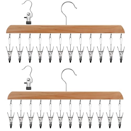 Legging Organizer for Closet 2 Pack, Wood Yoga Pants Hangers 24 Clips Wood - color: Natural Wood Color